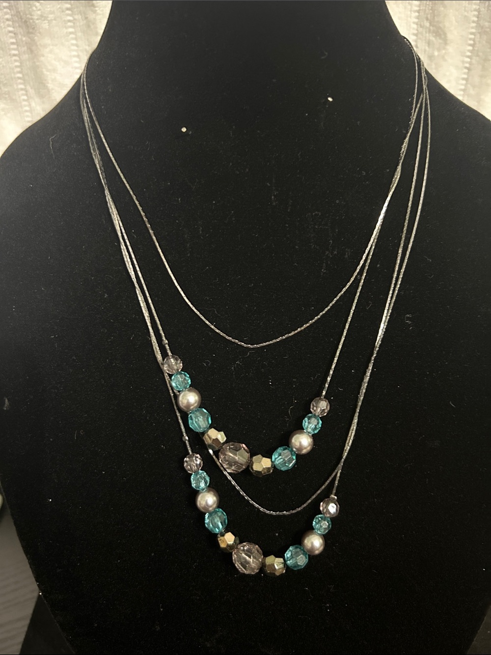 Layered Triple-Strand Necklace with Teal and Silver Beads